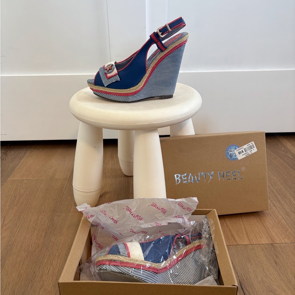 Nautical Peep Toe Wedge Navy and Red Striped Sandals